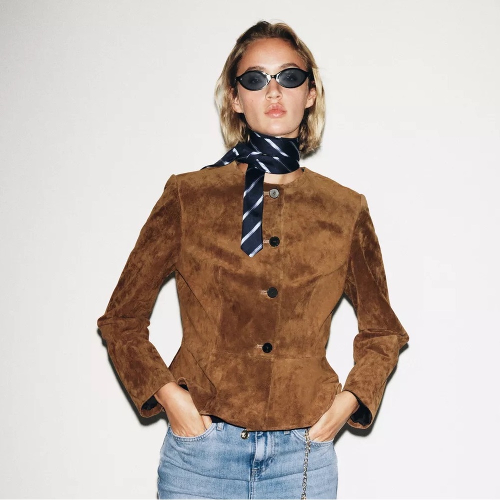 100% SUEDE LEATHER FLARED HEM JACKET - Picture 6 of 16